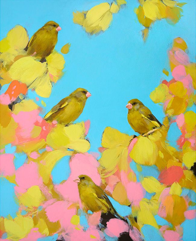 Greenfinches in Pink by Heidi Langridge